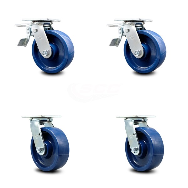 6 Inch Solid Polyurethane Caster Set with Roller Bearing 2 Total Lock Brake SCC